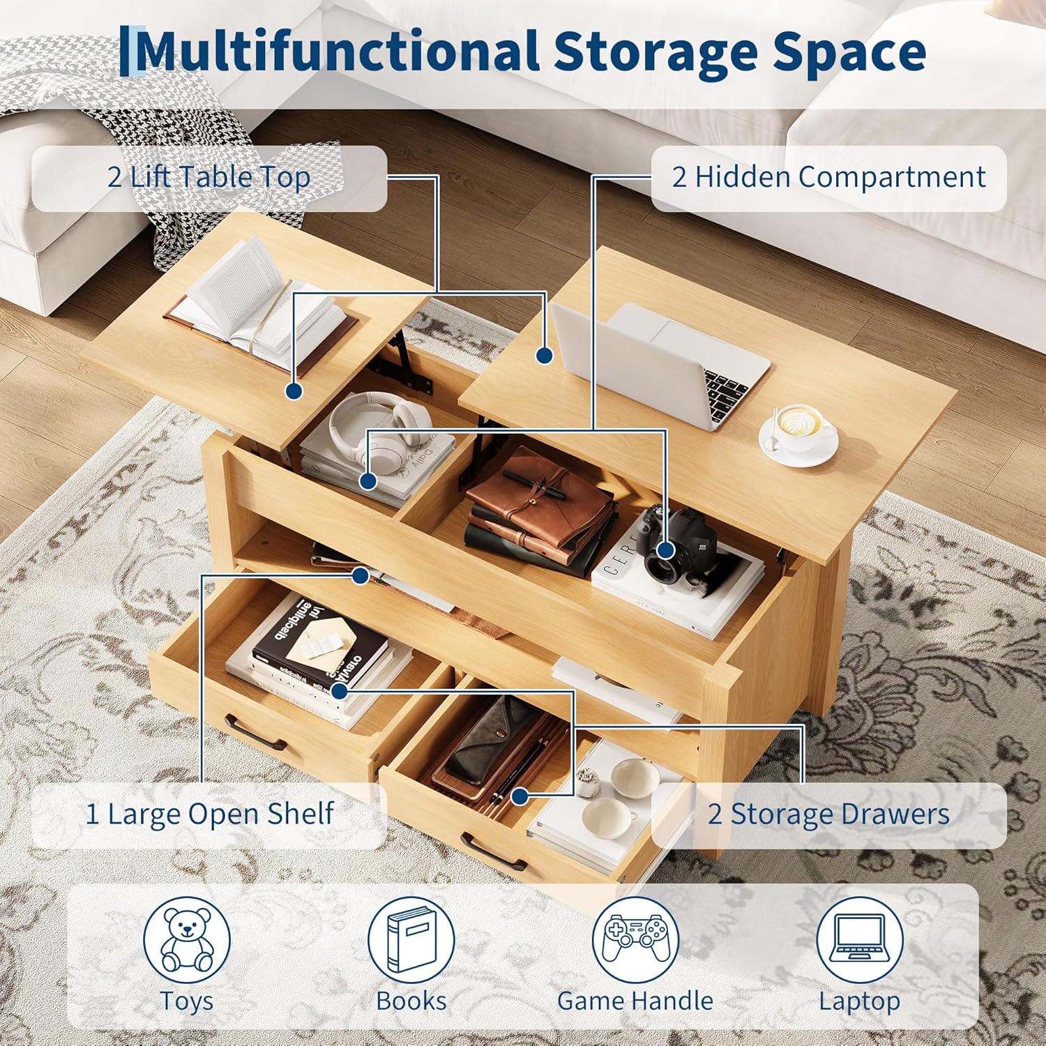 GarveeHome Coffee Table Lift Top, Convertible Coffee Table with Wooden Lift Tabletop, 2 Drawers and Hidden Compartment, Central Table with Storage for Living Room Home Office, Natural