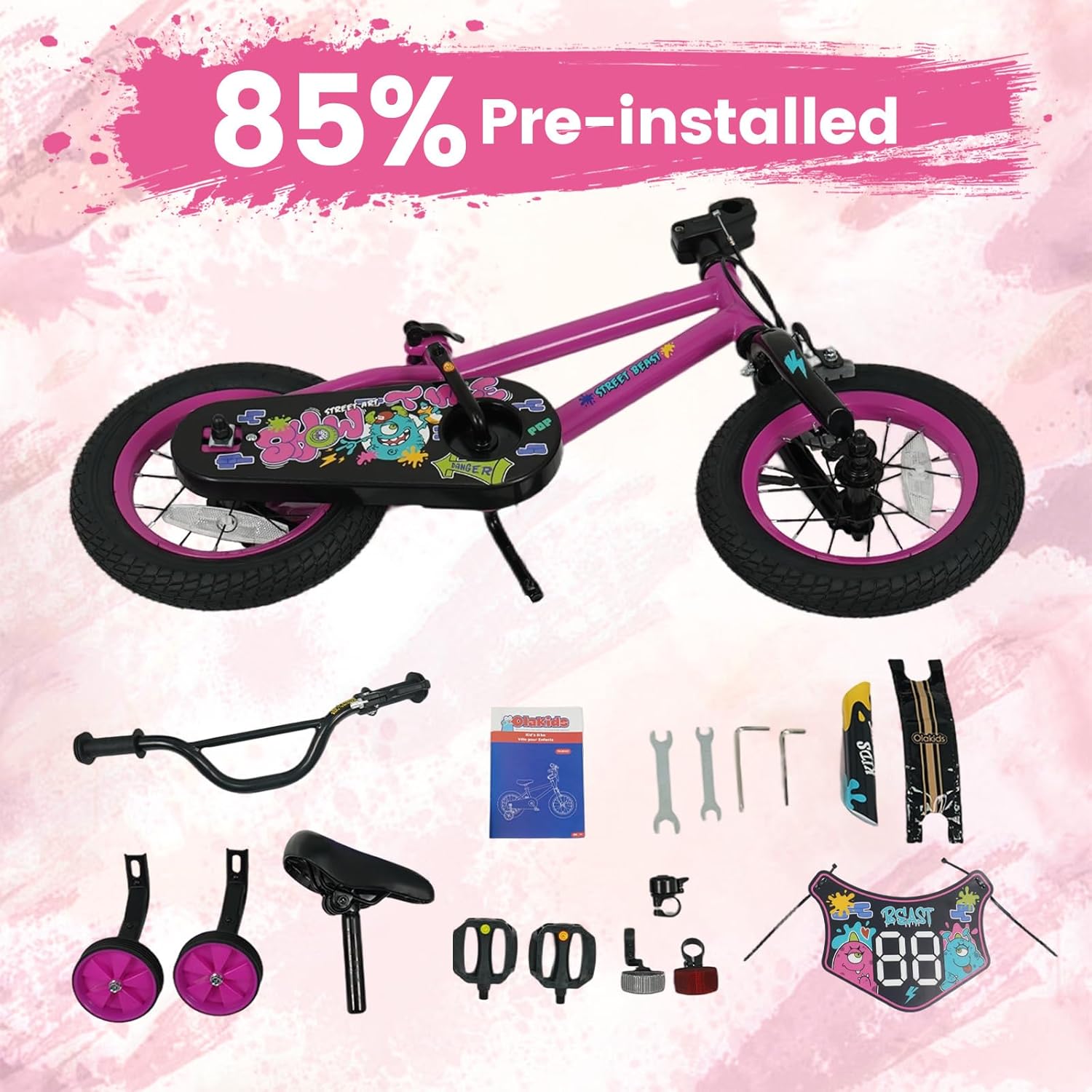 Olakids Kids Bike, 12 14 16 18 Inch BMX Style Toddlers Bike with DIY Drawing Board Training Wheels Adjustable Seat Coaster Brake Handbrake Safety Bell for Boys Girls