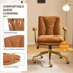 VINGLI Home Office Desk Chair Comfy with wheels&Removable Armrests,Gold Base Vanity Chair with Back,Adjustable Rolling Swivel Computer Task Chair for Study,Makeup,Office,Bedroom,Microfiber/Suede,Brown