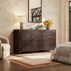 WLIVE Farmhouse Dresser for Bedroom, 63" Wide 9 Drawer Dresser Storage Organizer, Wood Chest of Drawers for Bedroom, TV Stand for 70 inch TV for Living Room, Hallway, Ball Bearing Slide (Brown)