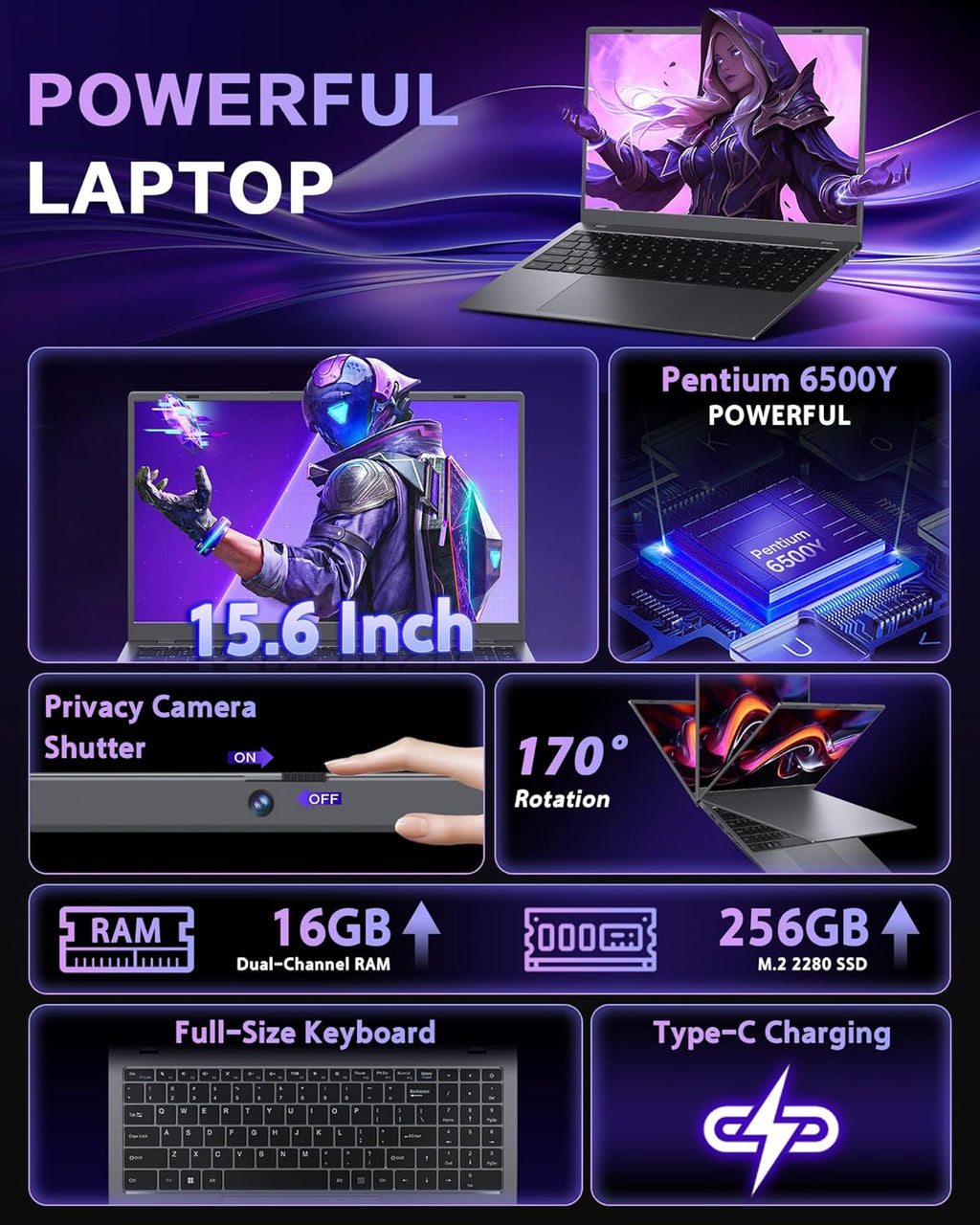Laptop Computer 16GB RAM - Pentium 6500Y CPU (Beat N5095  Up to 3.4GHz)  Laptops with 256GB SSD  15.6 inch FHD IPS Screen  Type-C  USB 3.2  HDMI  Long Battery Life