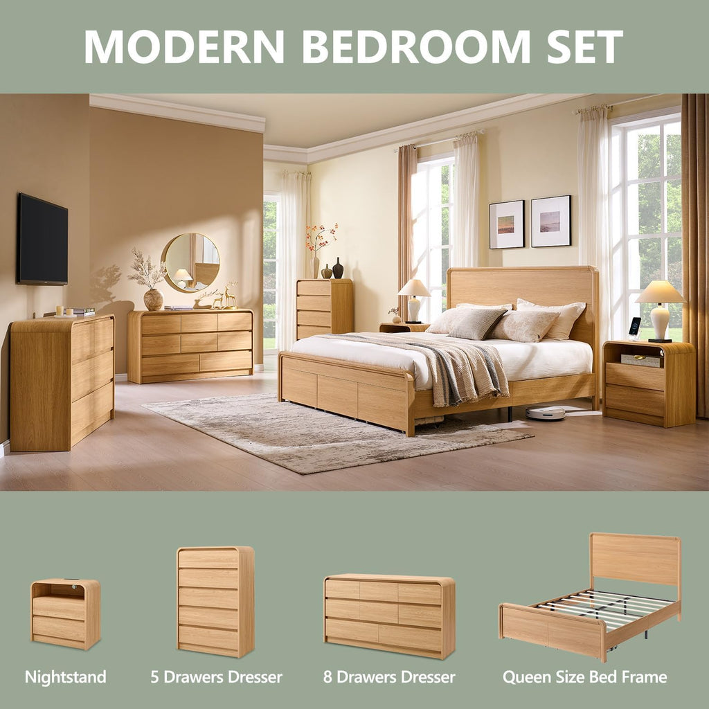 Modern Queen Size Bed Frame with 50" Tall Headboard, Wood Queen Size Platform Bed Frame w/3 Storage Drawers, Curved Profile Design, No Box Spring Needed, Easy Assembly, Noise Free, Natural Oak