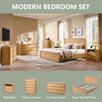 Modern Queen Size Bed Frame with 50" Tall Headboard, Wood Queen Size Platform Bed Frame w/3 Storage Drawers, Curved Profile Design, No Box Spring Needed, Easy Assembly, Noise Free, Natural Oak