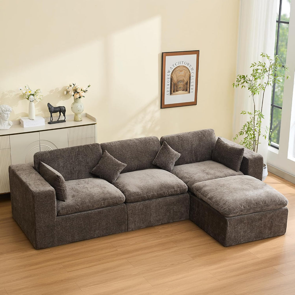 115''Cloud Boneless Sectional Couch, Modular Sectional Sofa Deep Seat with Ottoman, Oversized Upholstered Convertible Comfy 4 Seater Chenille Sofa L Shape Couches for Living Room, Brown