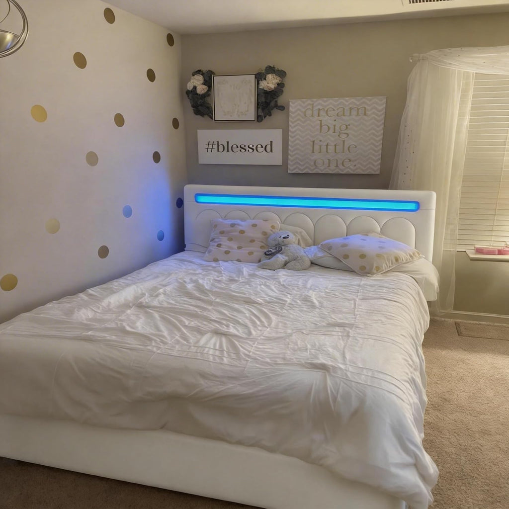 Velvet Upholstered King Size Bed Frame with 4 Storage Drawers, Vertical Arched LED Headboard, Sturdy Wood Slats Support, No Box Spring Needed, Beige