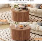 Easyego Lift Top Coffee Table for Small Spaces, 31.5" Mid-Century Modern Wooden Round Table with Storage, Circle Fluted Center Table for Living Room, Work from Home & Apartment, Walnut