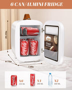 Mini Fridge for Bedroom, 4 Liter/6 Can Skincare Fridge With LED Mirror & Leather Carrying Handle,12v AC/DC Cooler & Warmer Portable Small Refrigerator for Drinks, Makeup, Dorm, Office and Car(White)