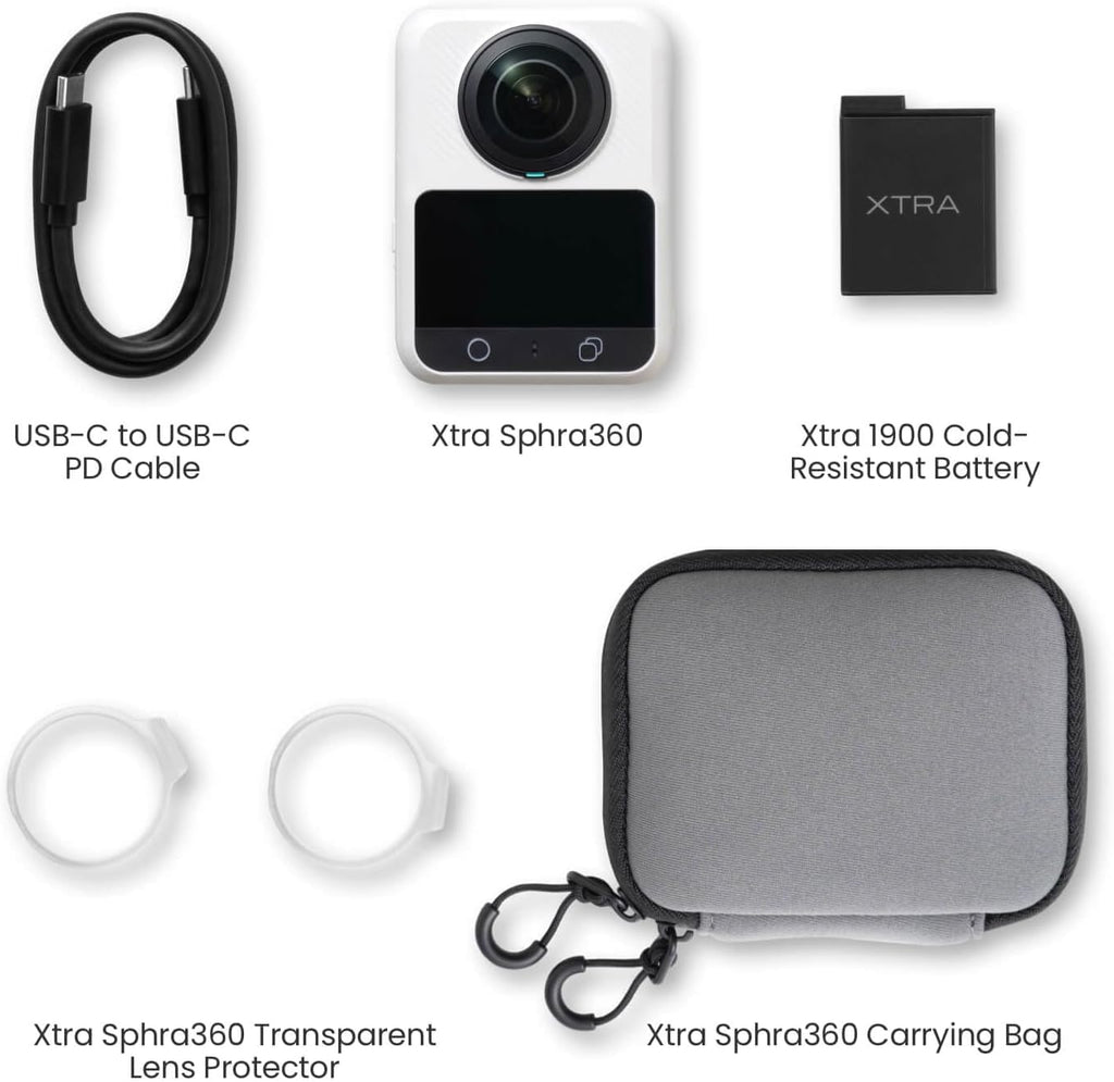 Xtra 360 Camera  8K Panoramic Video  1-Inch Sensor Equivalent  100MP High Resolution  Waterproof Action Camera  105GB Built-in Storage  Bullet Time  Broad Compatibility  Vlog
