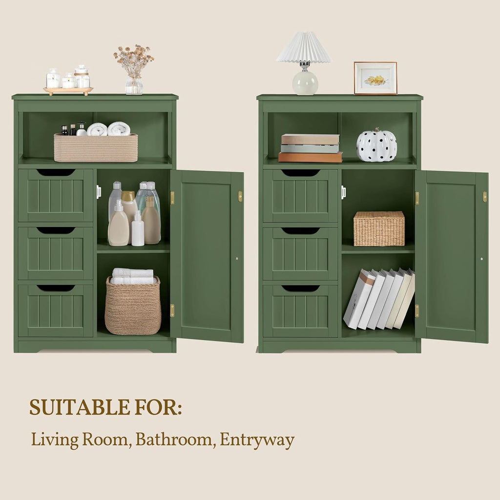 Yaheetech Bathroom Storage Cabinet, Storage Organizer with 1 Door and 3 Drawers, Adjustable Shelf, Free-Standing Floor Cabinet Cupboard for Kitchen/Living Room/Bathroom, Green