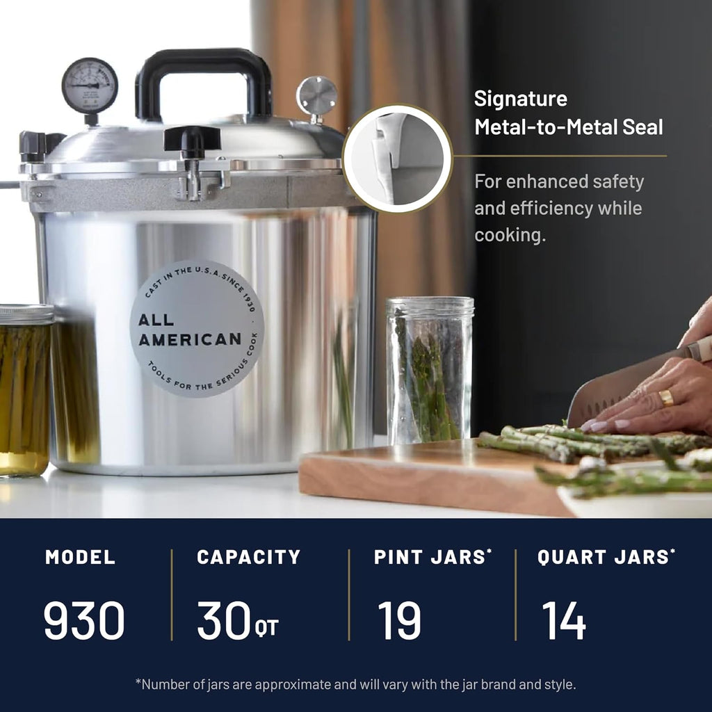 All American 1930: 30qt Pressure Cooker/Canner (The 930) - Exclusive Metal-to-Metal Sealing System - Easy to Open & Close - Suitable for Gas or Electric Stoves - Made in the USA
