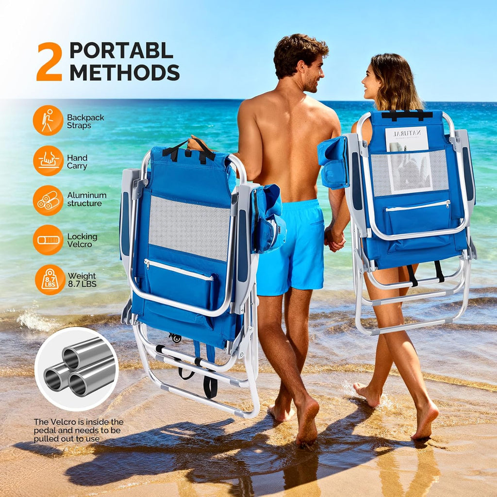 VINGLI Tall Beach Chair 1 Pack Lightweight, Backpack Beach Chair for Adults with 5-Position, Cooler Bag, Cup Holders, Towel Bar, Lightweight Folding Beach Camping Chairs Blue