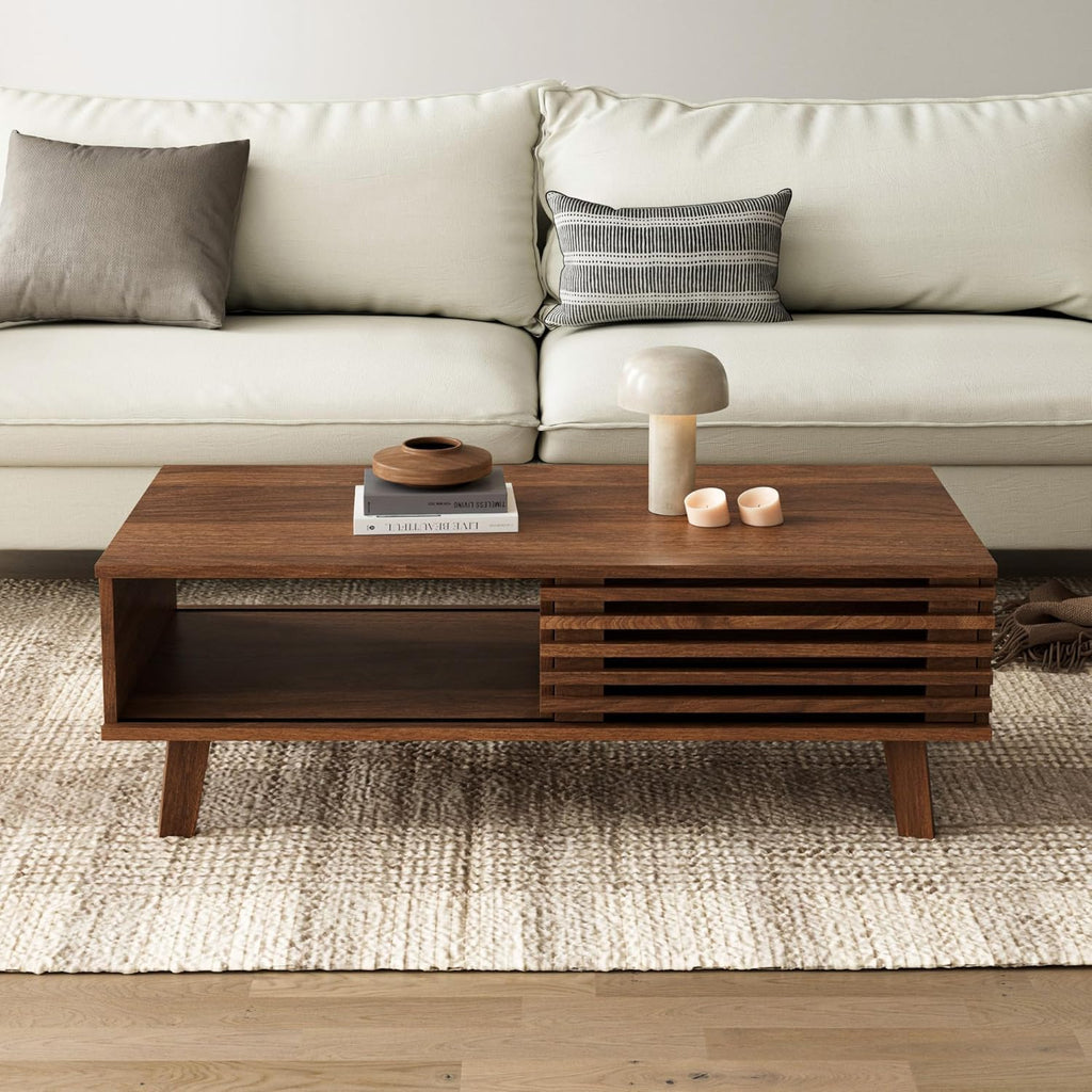 Furniway Mid Century Modern Coffee Table, Wood Coffee Table with Storage, Farmhouse Table for Living Room, Apartment, Walnut