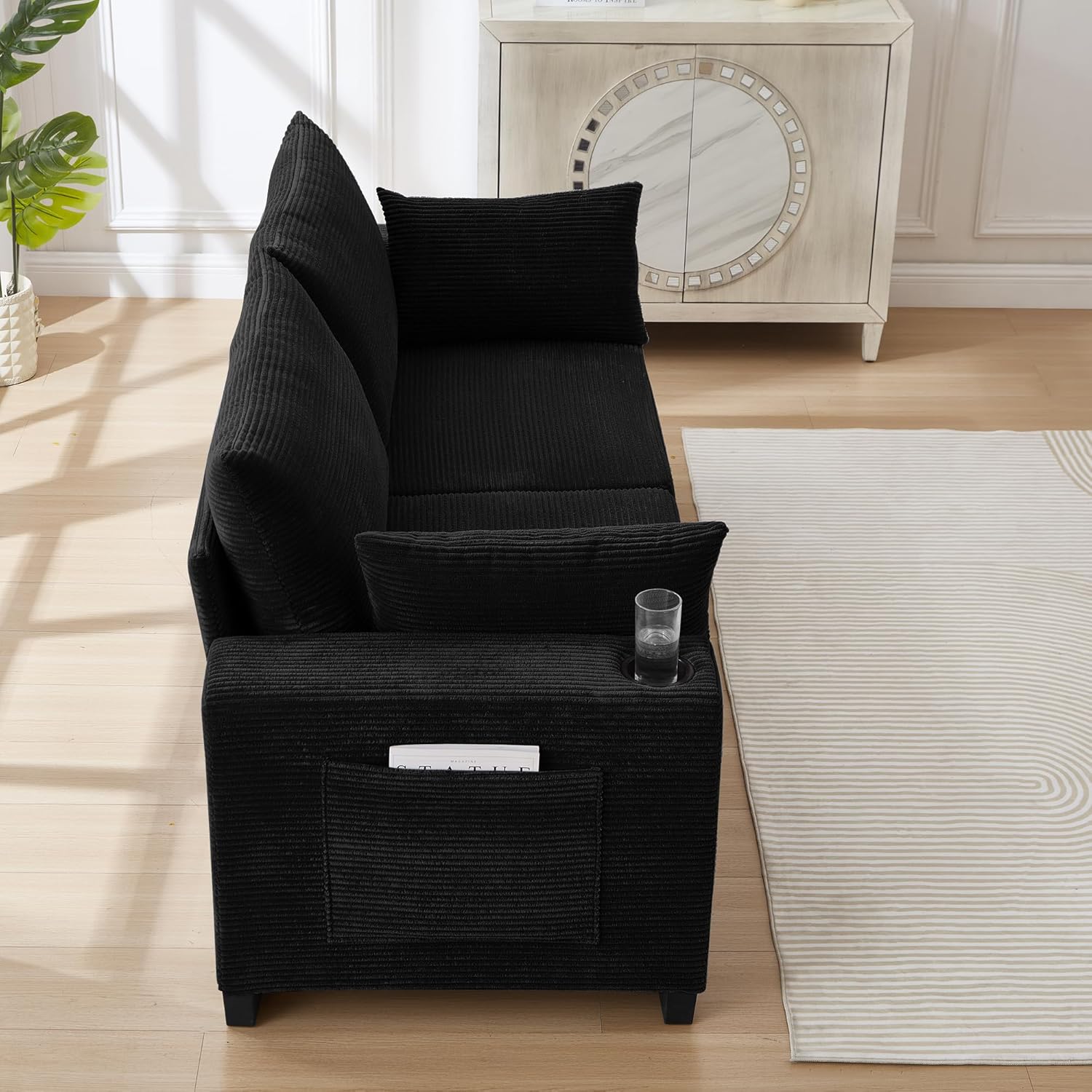 Anwick 78" Corduroy Small Couches for Living Room, Modern Upholstered Loveseat Sofa with USB & Cup Holders, Side Pocket, Soft Deep 2-Seater Sofa Couch for Living Room Bedroom Office Apartment (Black) | USB, Cup Holders, Side Pocket