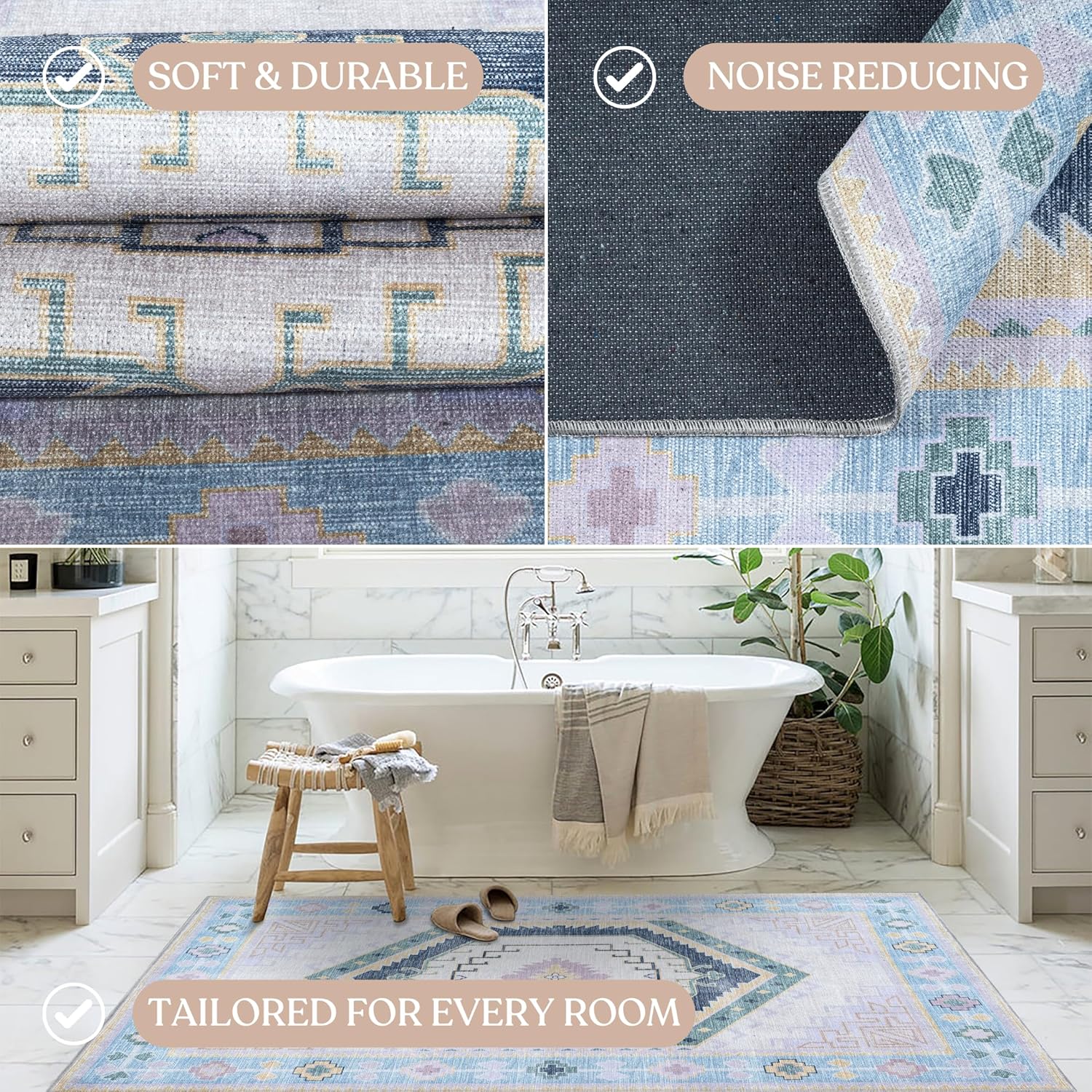Fame Living Washable Area Rug. Modern Farmhouse. Vintage. Turkish. Bohemian. Distressed. Oriental. Traditional. Rugs for Living Room. Dining. Bedroom. Office. Entryway. Foyer. (856PBl, 9'5" x 14')