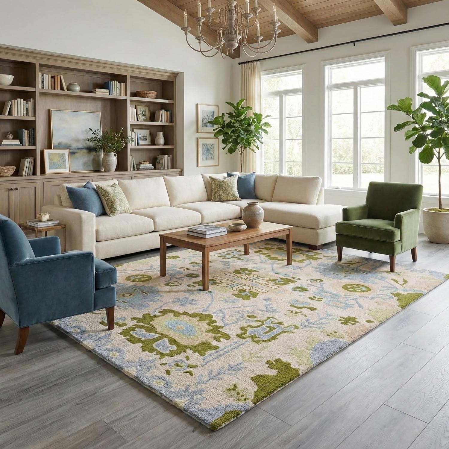Handmade Oushak Wool Area Rug | Floral and Botanical Patterns in Soft Blue and Green | Luxurious Thick Pile for Living Room, Bedroom & Dining Room Decor (Blue & Green, 8' x 10')