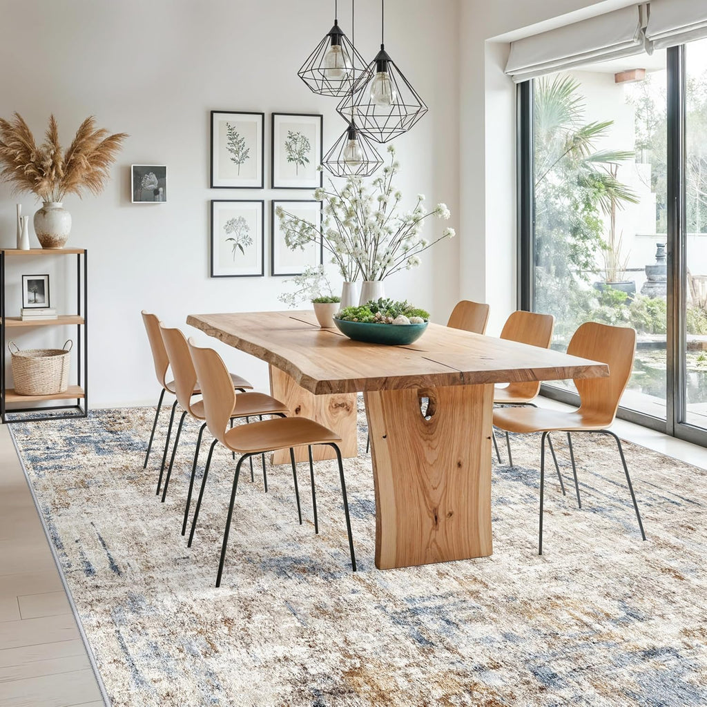 12x18 ft Extra Large Living Room Rug – Washable Modern Abstract Neutral Oversize Rugs for Bedroom,Dining Room,Family Room – Non-Slip Low-Pile Thin Stain-Resistant Carpet（Blue Brown）
