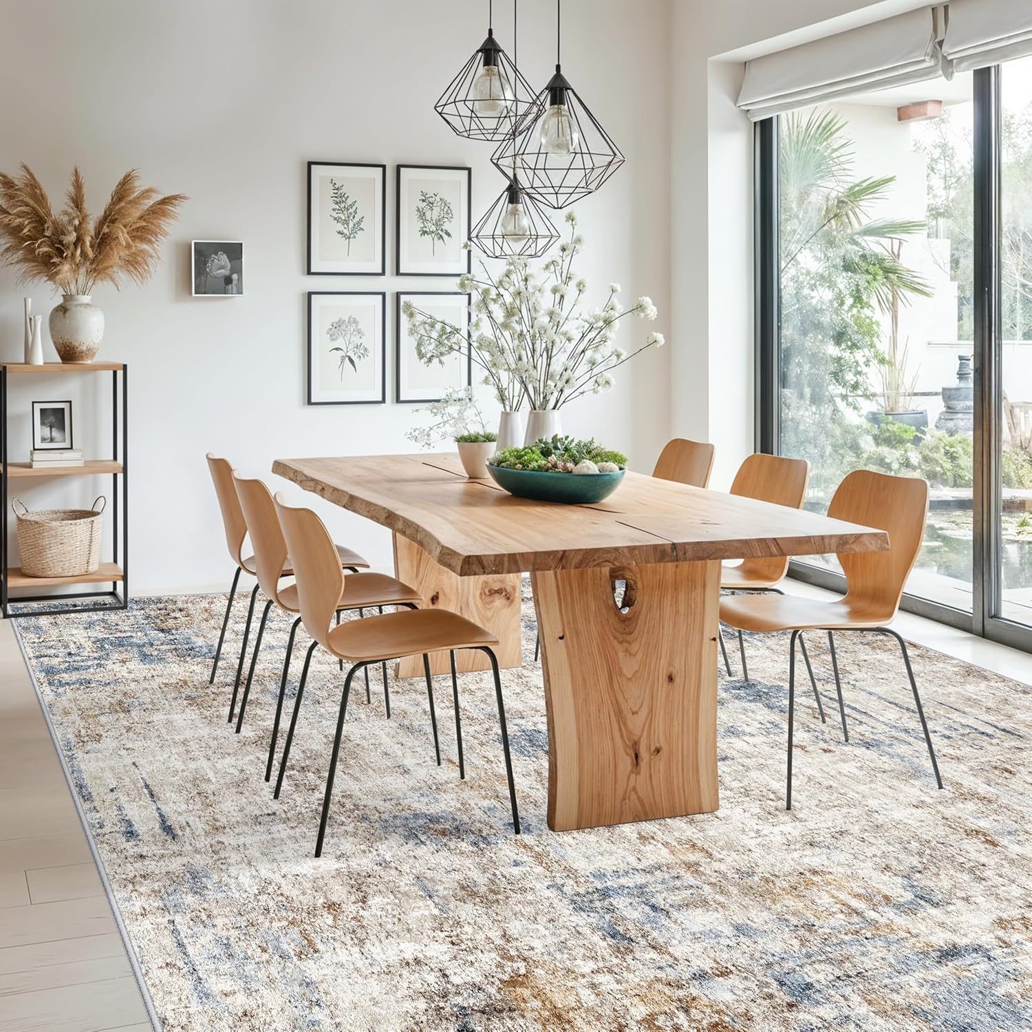 12x18 ft Extra Large Living Room Rug – Washable Modern Abstract Neutral Oversize Rugs for Bedroom,Dining Room,Family Room – Non-Slip Low-Pile Thin Stain-Resistant Carpet（Blue Brown）
