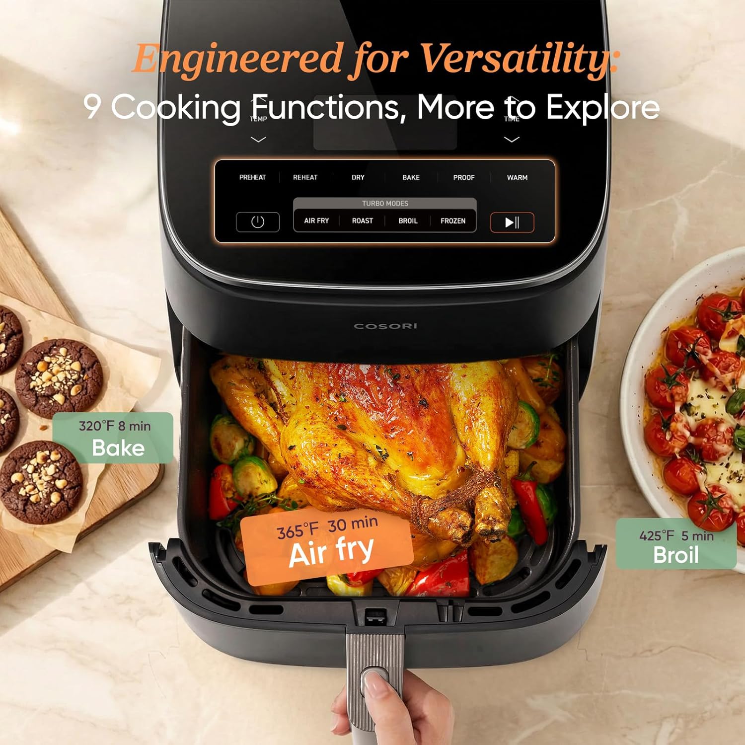 Cosori 9-in-1 TurboBlaze Air Fryer 6 Qt, PFAS-Free Ceramic Coating, 90°–450°F, Precise Heating for Even Results, Air Fry, Roast, Bake, Broil, Dry, Frozen, Proof, Reheat, Keep Warm, 120V, Dark Gray