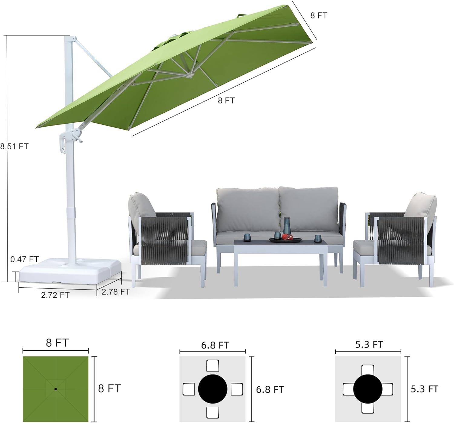 PURPLE LEAF 8 FT Patio Umbrella With Base White Cantilever Umbrella Square Outdoor Offset Umbrella Windproof with 360° Rotation for Garden Deck Pool, Macaw Green