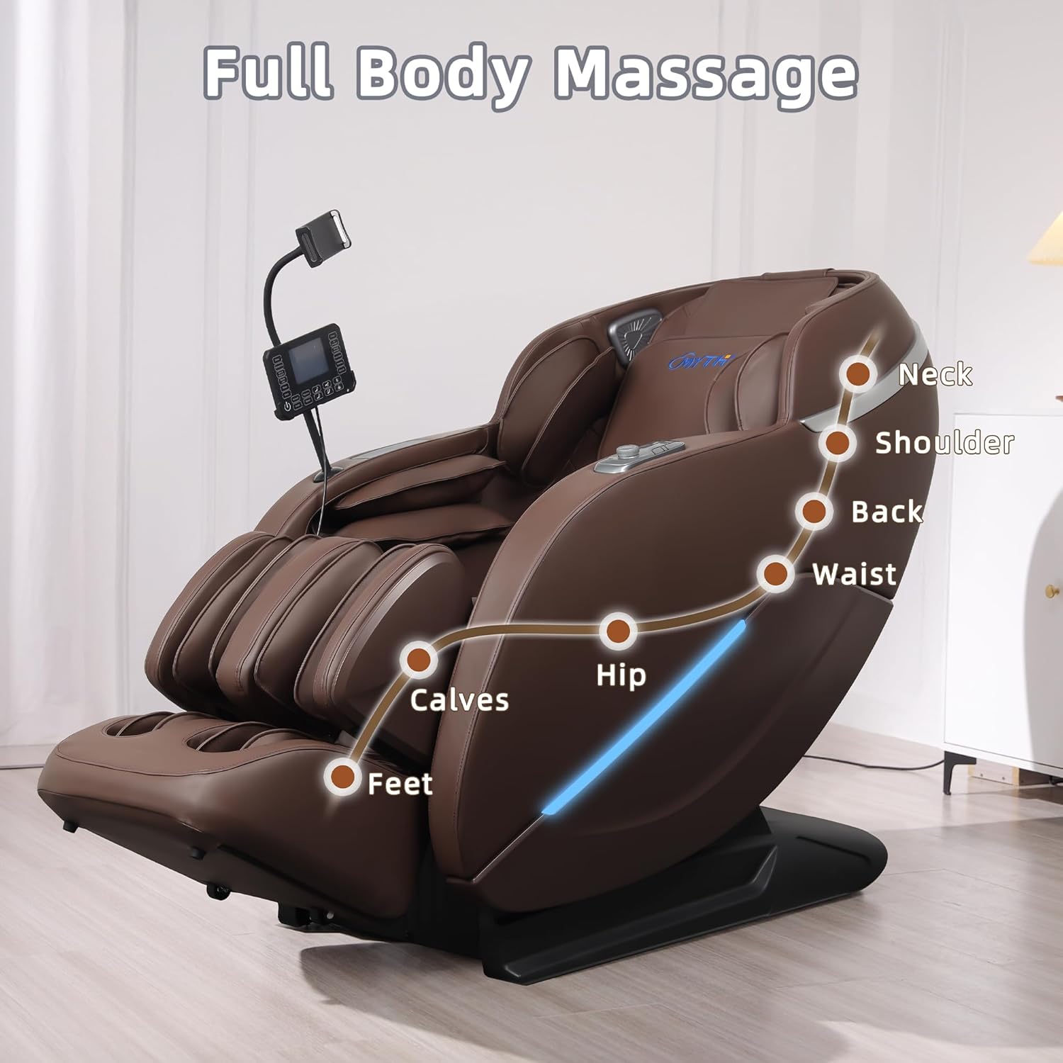 MYTHIA 2026 A303C Massage Chair, Full Body Zero Gravity Recliner with SL Track, Body Scan, 12 Auto Modes, Lumbar Heat, Bluetooth App, Wireless Charge, and Foot Rollers for Home and Office (Brown)