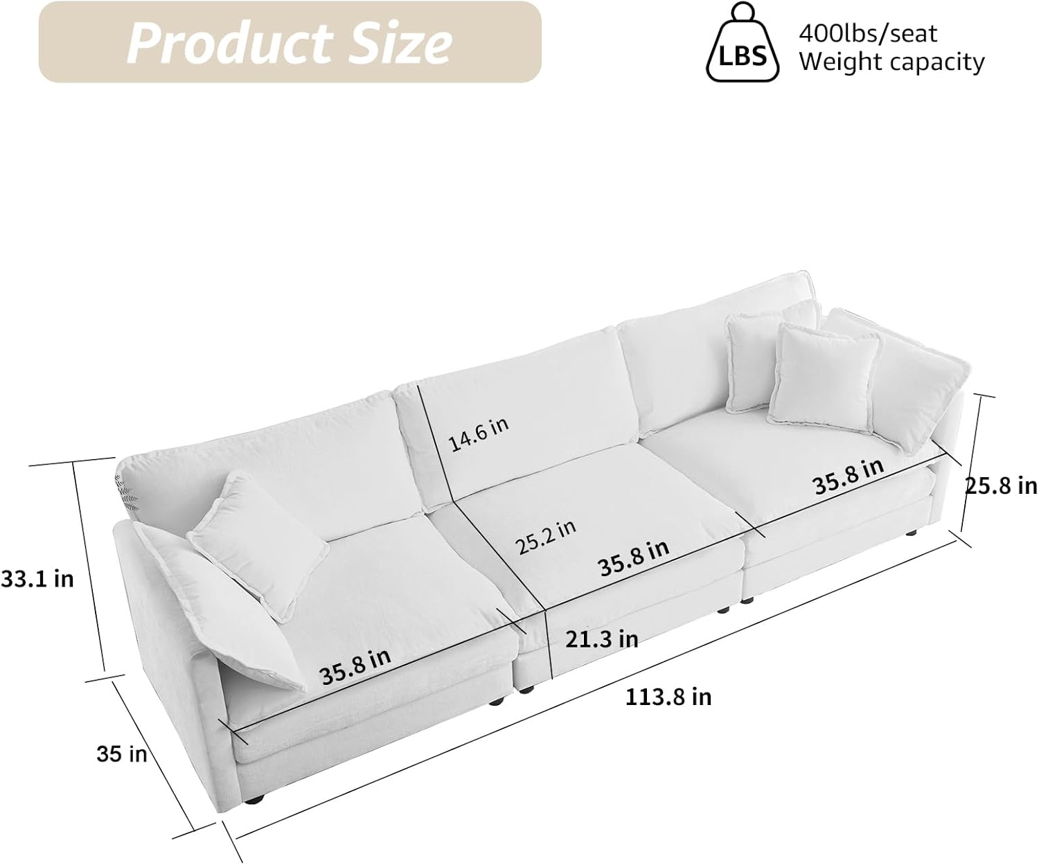 113.8" Modern Cozy Sectional Couches for Living Room, Beige Chenille Comfy Cloud Couch Sectional, 3 Seater Couch for Living Room, Sofas para Sala, I Shaped Sofas & Couches (Beige, 3+0 Set)