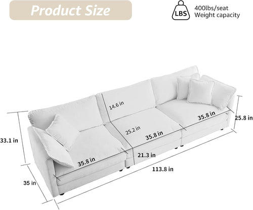 113.8" Modern Cozy Sectional Couches for Living Room, Beige Chenille Comfy Cloud Couch Sectional, 3 Seater Couch for Living Room, Sofas para Sala, I Shaped Sofas & Couches (Beige, 3+0 Set)