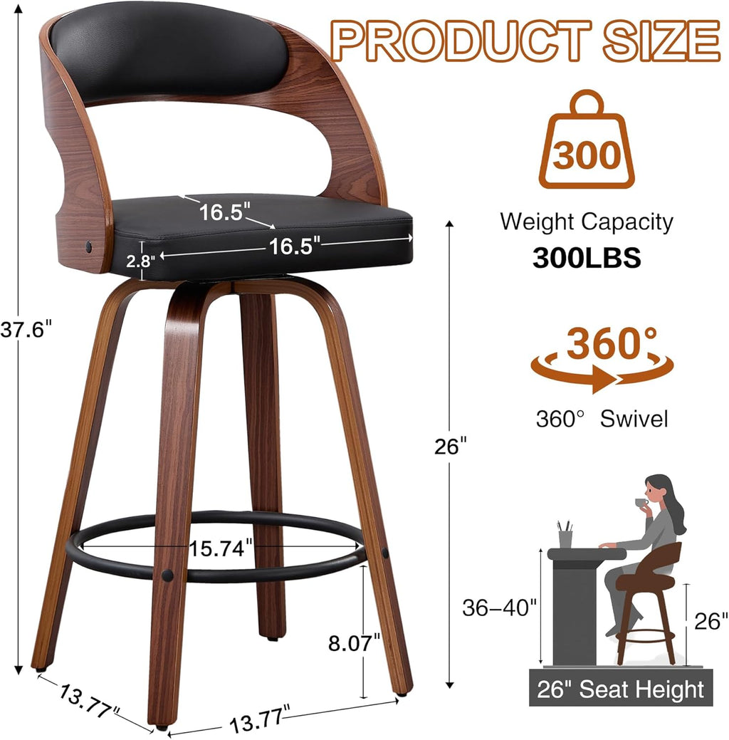 Swivel Bar Stools Set of 2, Walnut Counter Height Bar Stools with Back and Arms, 26" Modern Faux Leather Upholstered Bar Chairs with Bentwood Frame for Kitchen Island Bar - Black