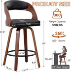 Swivel Bar Stools Set of 2, Walnut Counter Height Bar Stools with Back and Arms, 26" Modern Faux Leather Upholstered Bar Chairs with Bentwood Frame for Kitchen Island Bar - Black
