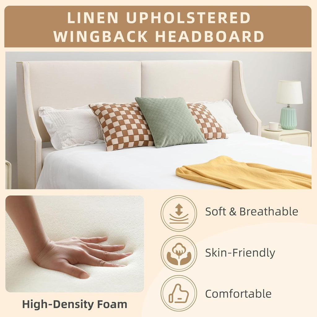 King Size Upholstered Platform Bed Frame with Wingback Headboard, Linen Fabric & Wooden Slats Support, Modern Golden PVC Material Edge for Bedroom,No Box Spring Needed, Easy to Assemble, Beige