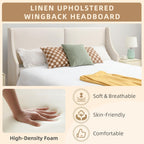 King Size Upholstered Platform Bed Frame with Wingback Headboard, Linen Fabric & Wooden Slats Support, Modern Golden PVC Material Edge for Bedroom,No Box Spring Needed, Easy to Assemble, Beige