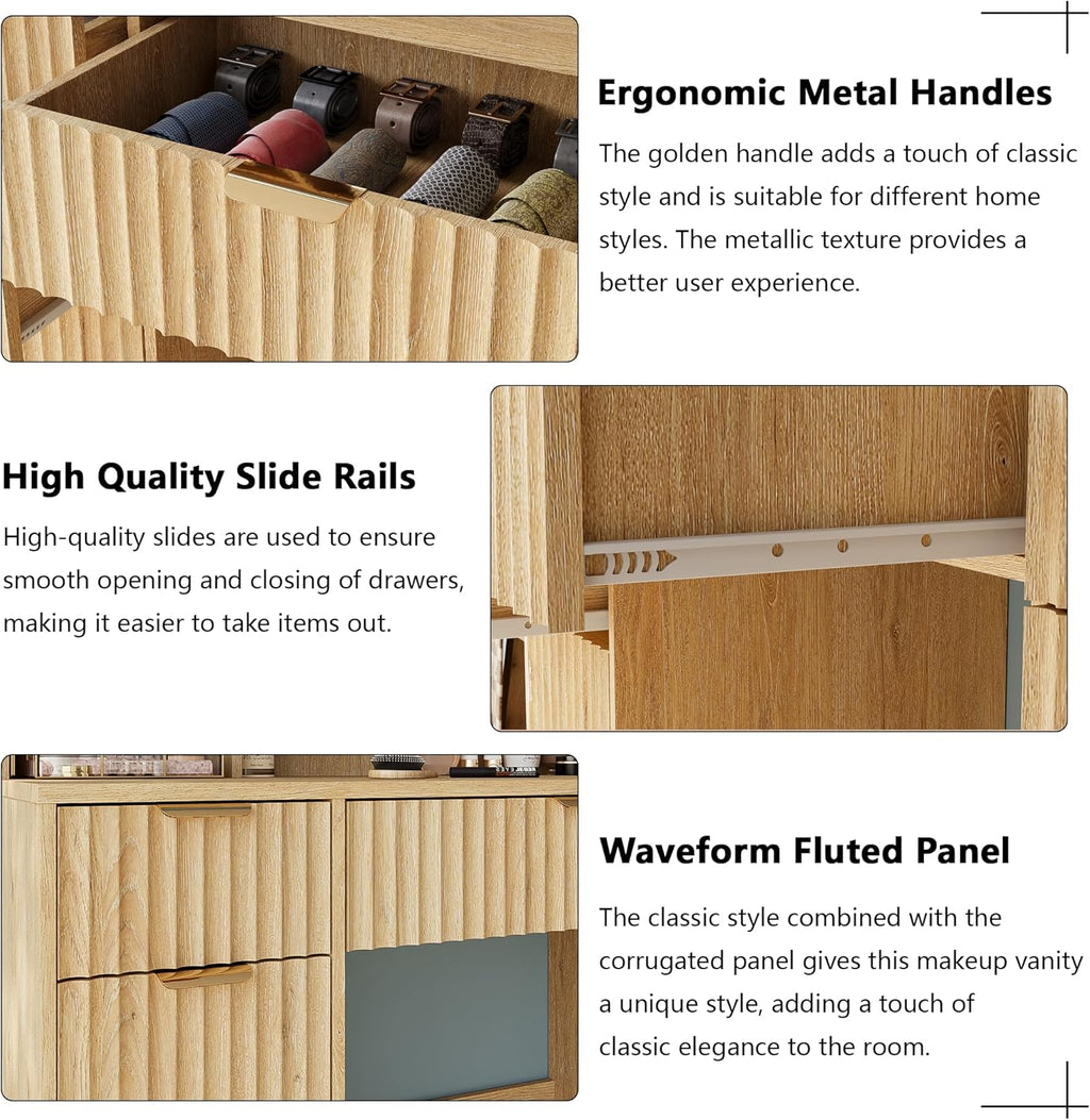 43.3" Fluted Vanity Desk with Mirror and Lights, Wood Makeup Vanity Desk with Charging Station & Mobile Mirror, Modern Dressing Table with Adjustable Shelves & Jewelry Hooks for Girls, Women, Oak