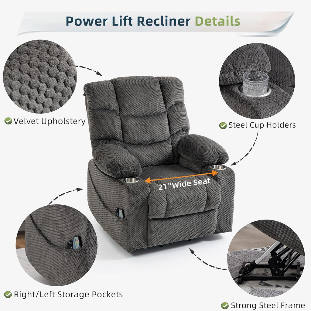 Power Lift Recliner Chair for Elderly, Velvet Recliner with Massage and Heat, Lazy Boy Power Recliner Lay Flat 160° Cup Holders for Living Room