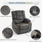 Power Lift Recliner Chair for Elderly, Velvet Recliner with Massage and Heat, Lazy Boy Power Recliner Lay Flat 160° Cup Holders for Living Room