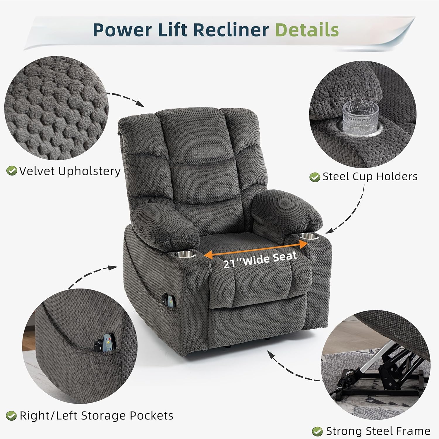 Power Lift Recliner Chair for Elderly, Velvet Recliner with Massage and Heat, Lazy Boy Power Recliner Lay Flat 160° Cup Holders for Living Room