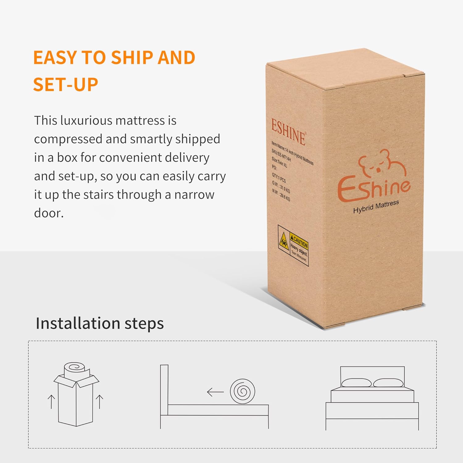 ESHINE Twin XL Adjustable Bed Frame with Mattress - 12" Memory Foam Hybrid Mattress(Medium), Wireless Remote, 5 Minutes Installation, Head and Foot Incline, 2000 Series