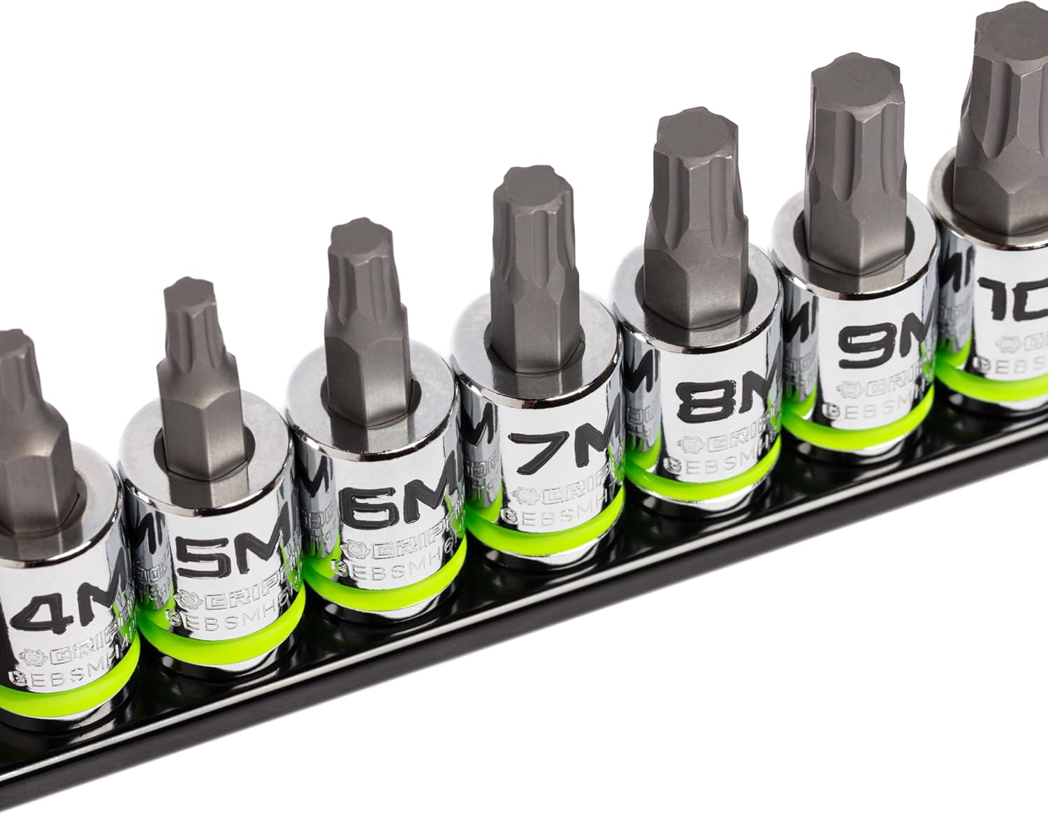 GRIPEDGE HEX Bit Socket Set | 7-PC - 3/8'' Drive Short Metric RPT Hex Driver Set | Sizes 4MM - 10MM | Made With S2 Steel | Includes Premium Aluminum Storage Rail |