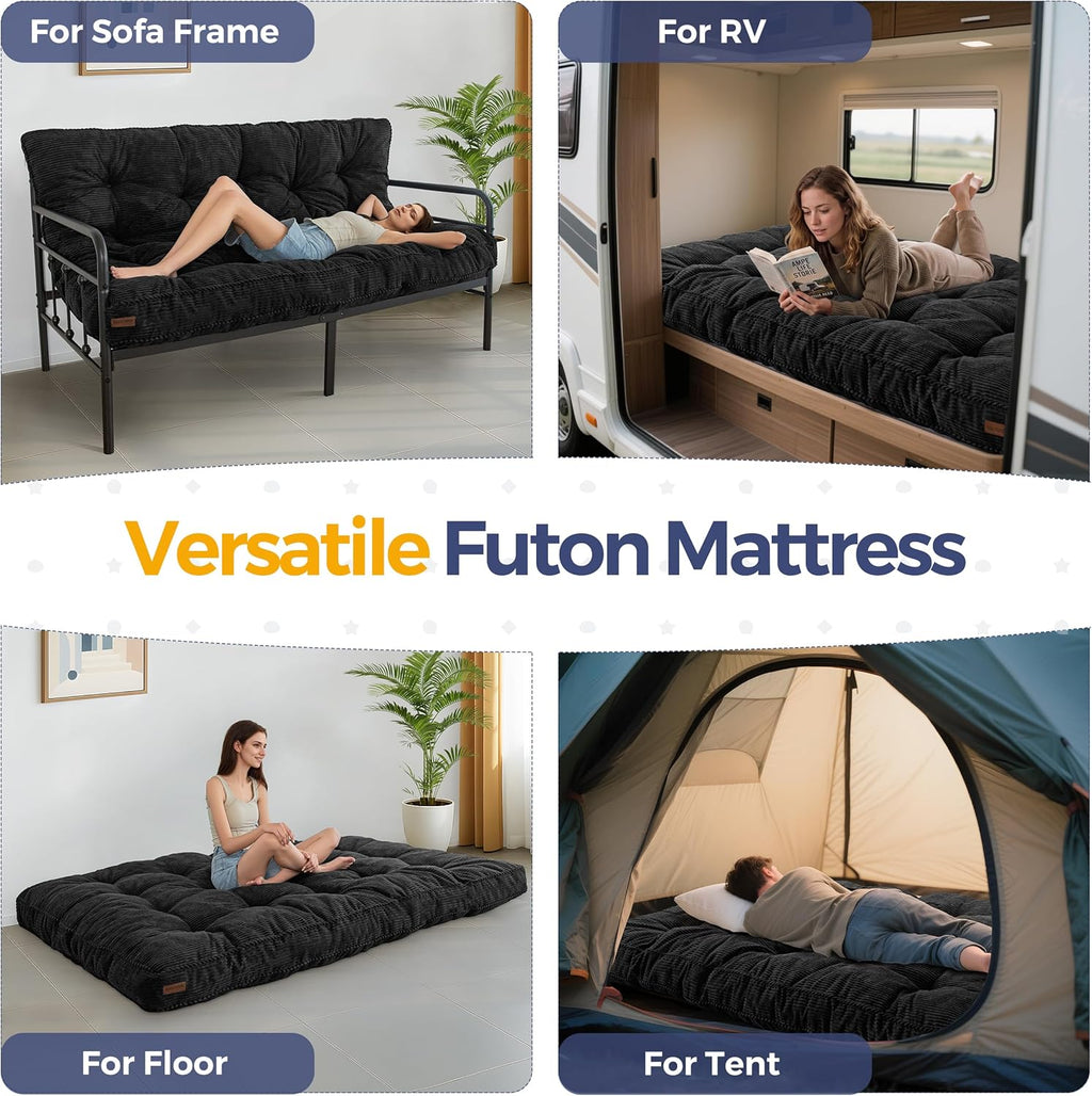 MAXYOYO 6" Futon Mattress Full Size, Tufted Futons Sofa Couch Bed with Twisted Rope Design Edging, Thick Corded Fabric Floor Mattress for Adults, Shredded Foam Filling (Frame Not Included), Black