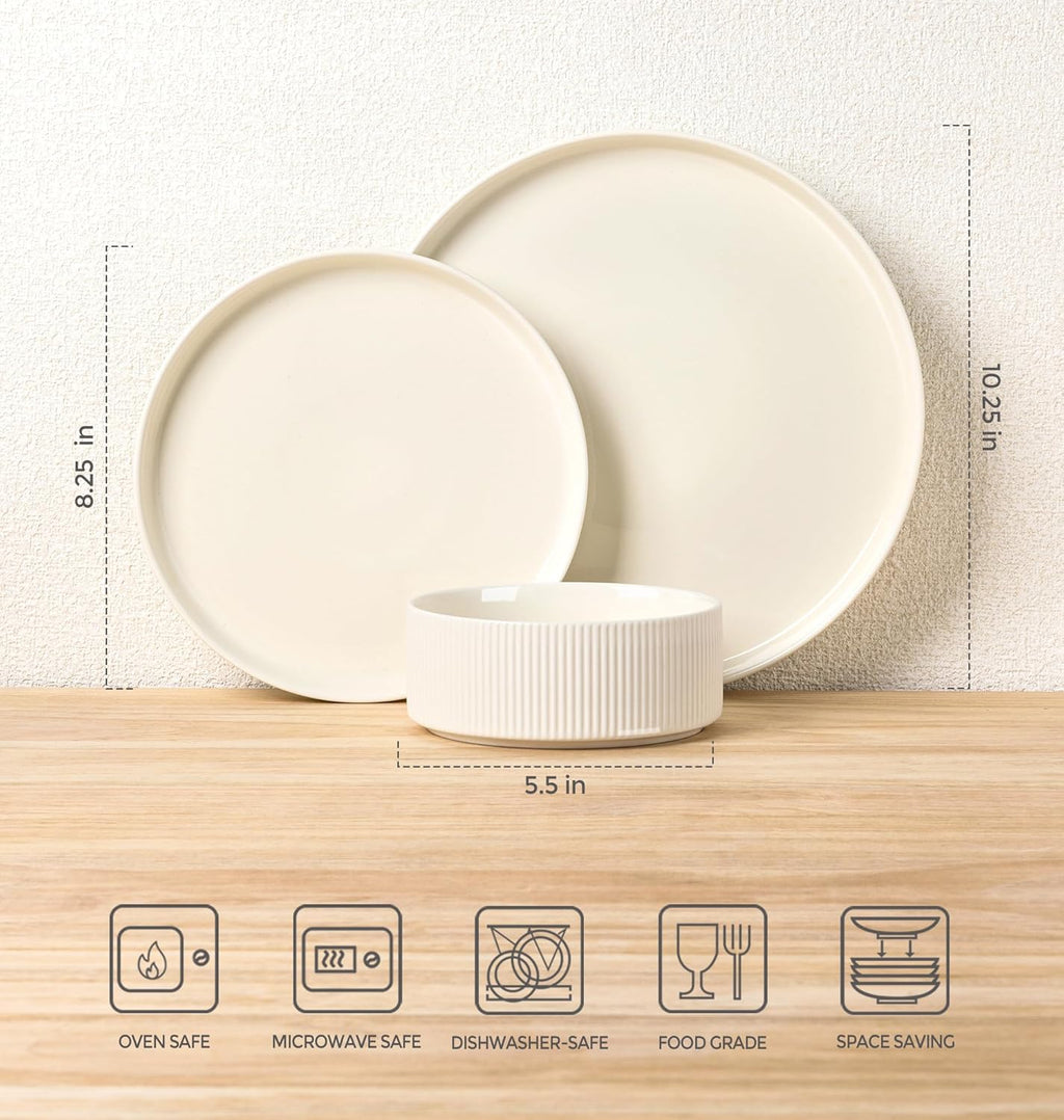 TheTerra Ceramic Dinnerware Sets for 6, 18 Pieces Porcelain Lightweight Plates and Bowls Sets, Scratch Resistant Dish Set, Oven & Microwave & Dishwasher Safe, Beige