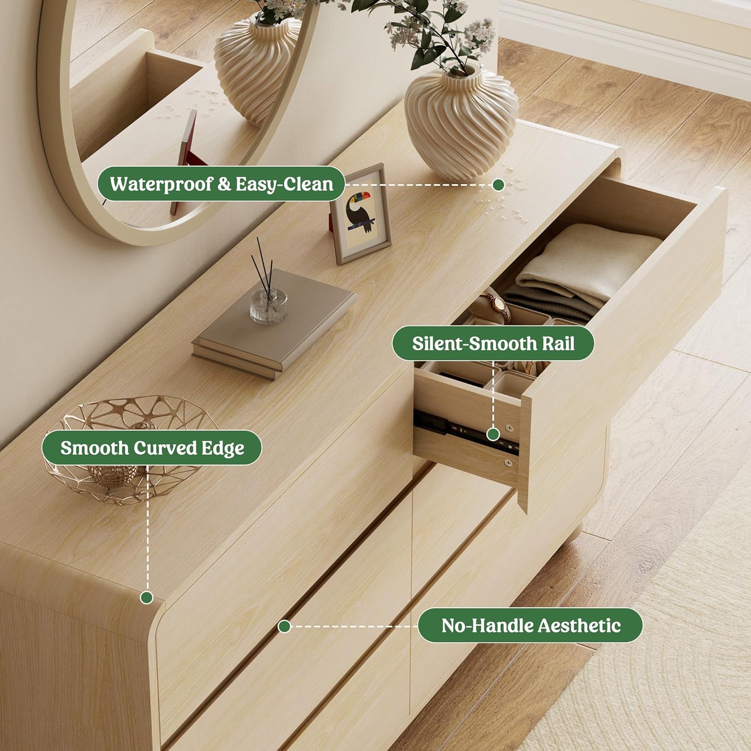 Lulive Wood Dresser for Bedroom, 53” Wide Chest of Drawers with 6 Drawers, Modern Closet Storage Drawer with Curved Profile Design for Living Room, Hallway, Entryway, Natural