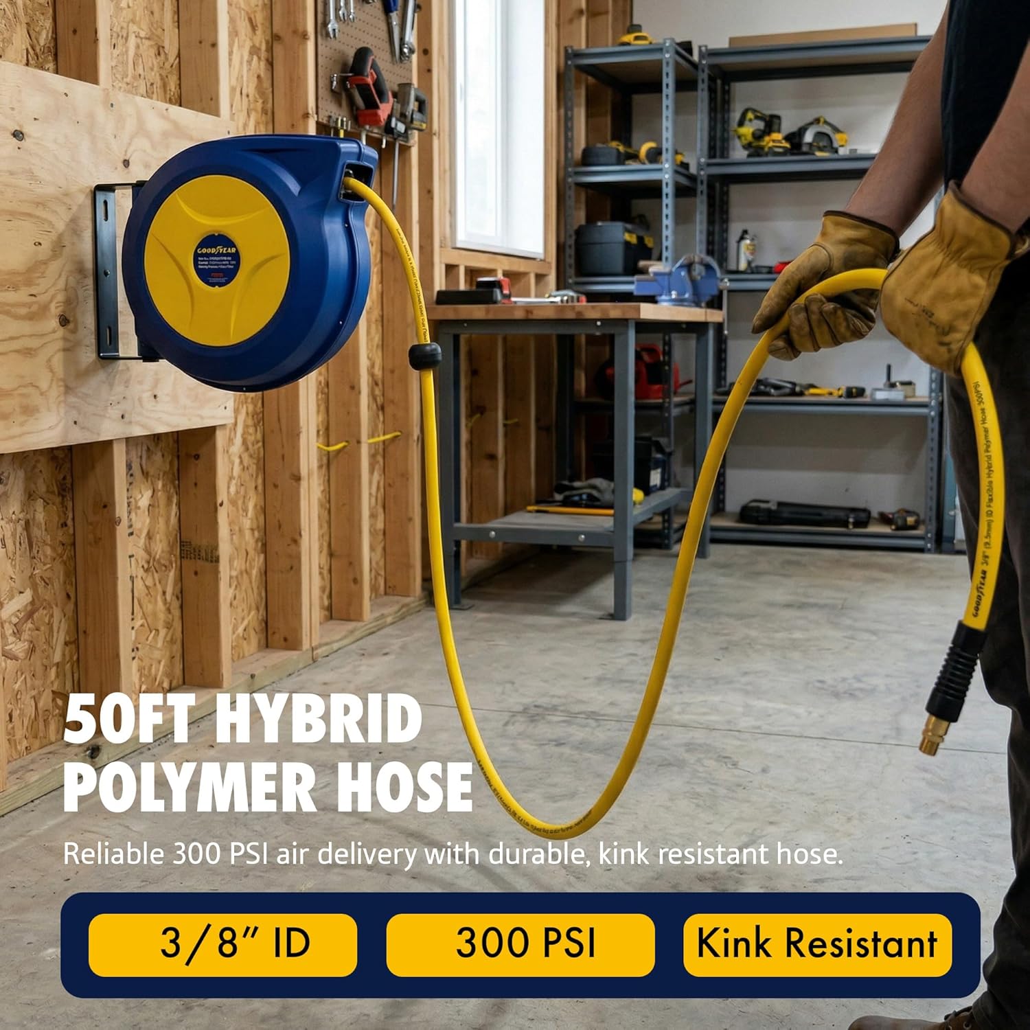 Goodyear Retractable Air Hose Reel, 3/8" x 50 FT, 300 PSI Hybrid Polymer Hose, Spring-Driven Automatic Rewind, Leak-Proof Swivel, Wall & Ceiling Mountable