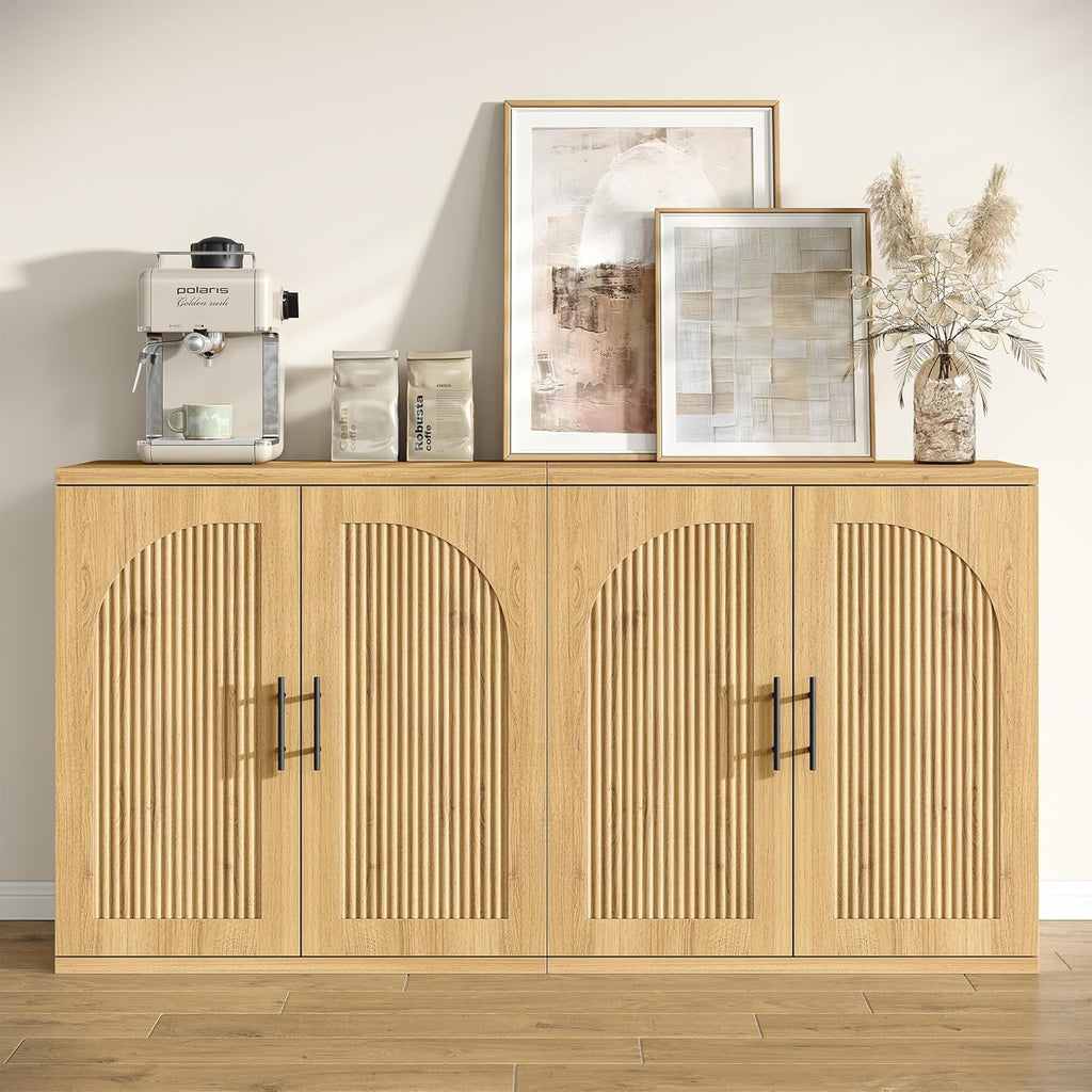 Furniouse Fluted Buffet Cabinet with Storage Sideboard Cabinet with Adjustable Shelf, Modern Accent Cabinet with Fluted Arched Doors for Living Room, Dining Room, Natural Oak