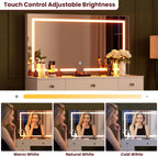 SMOOL Vanity with Mirror and Lights - Vanity Desk with Power Outlet and 9 Drawers, 3 Color Lighting Modes, Adjustable Brightness, Makeup Vanity with Soft Cushioned Stool for Bedroom, White 43Inches