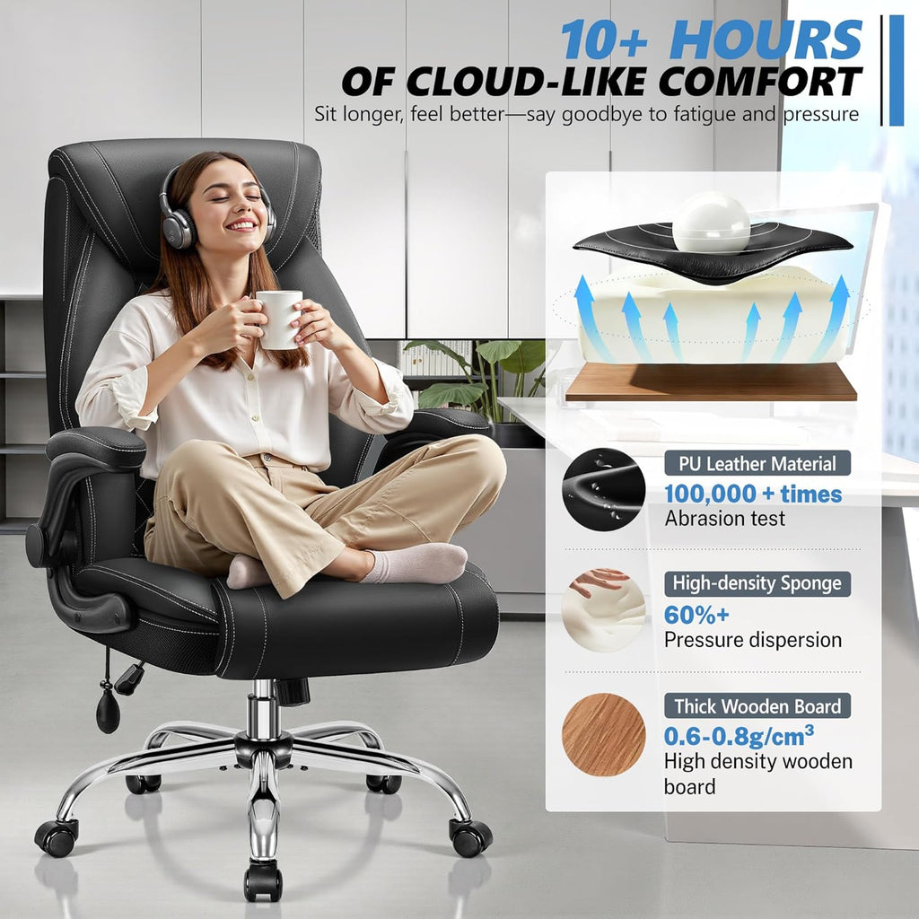 Office Chair, Big and Tall Ergonomic Desk Chair, Executive Leather Computer Chair with Adjustable Lumbar Support, Comfy Gaming Chair with Flip Up Arms, Swivel PC Chair with Rocking Function, Black