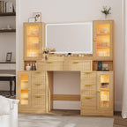 Fluted Makeup Vanity Desk with Mirror and Lights, 55" Glass Top Vanity with 8 Drawers & 4 RGB Glass Cabinets, Adjustable Shelves & Power Outlet, Modern Dressing Table Set for Women Girls Bedroom