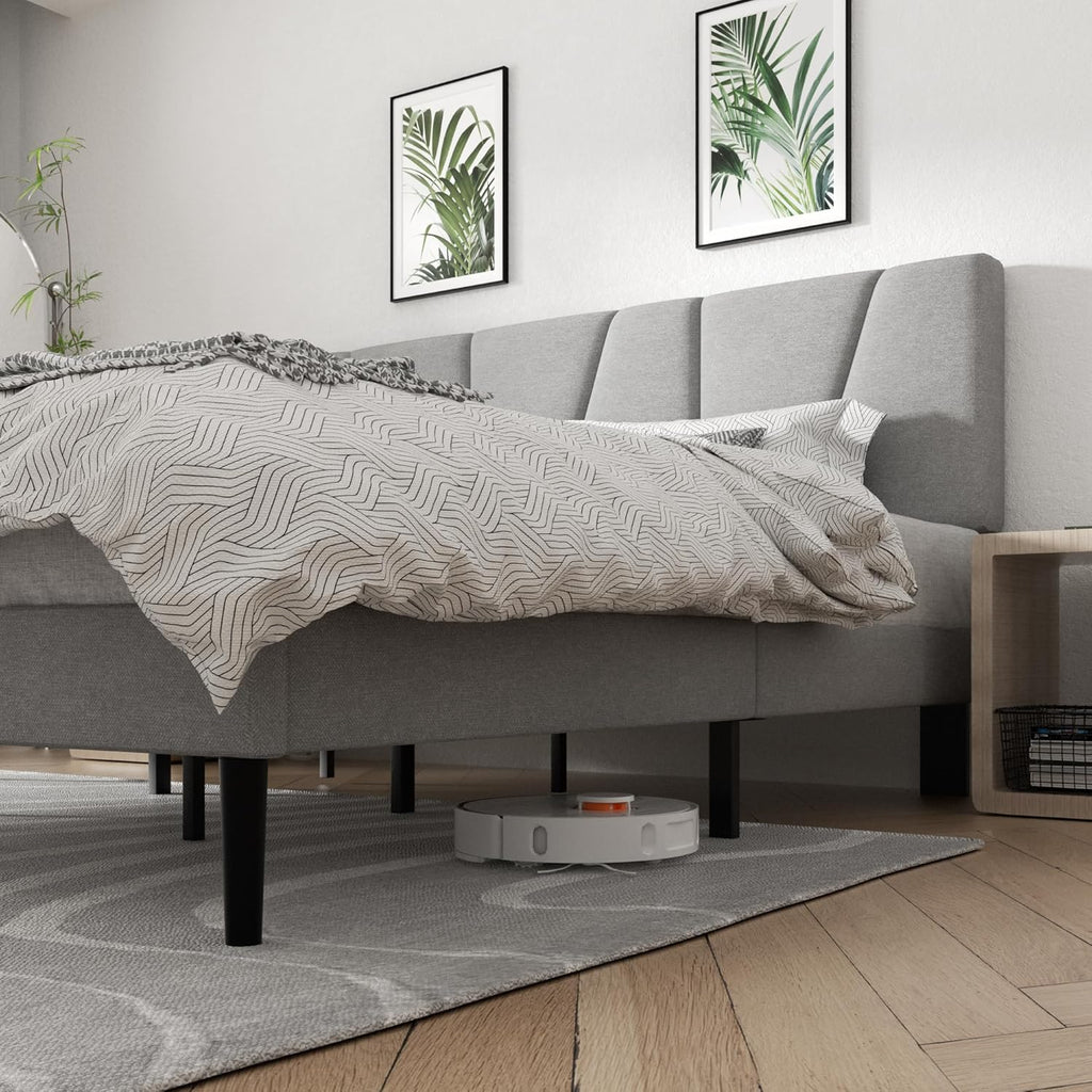 King Size Platform Bed Frame with Geometric Upholstered Headboard, Noise Free, Wooden Slats Support, No Box Spring Needed, Easy Assembly, Light Grey, Linen