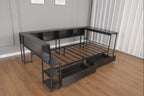 Bellemave Twin Corner Bed Frame with Desk and Storage, Twin Captains Bed with Charging Station,LED Light, Wood Daybeds with L-Shaped Bookcase and 2 Drawers, Black