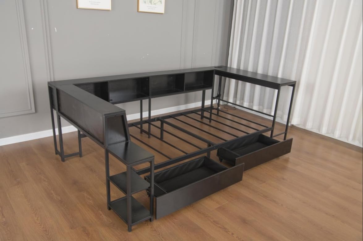Bellemave Twin Corner Bed Frame with Desk and Storage, Twin Captains Bed with Charging Station,LED Light, Wood Daybeds with L-Shaped Bookcase and 2 Drawers, Black