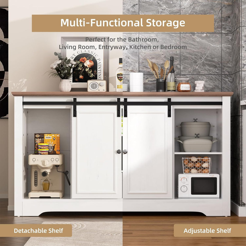 Farmhouse TV Stand for 60 Inch TV, 30" Tall Entertainment Center with 2 Drawers & Sliding Barn Door, Rustic Media Console with Storage Shelves, 55" Wood Television Stand for Living Room, White