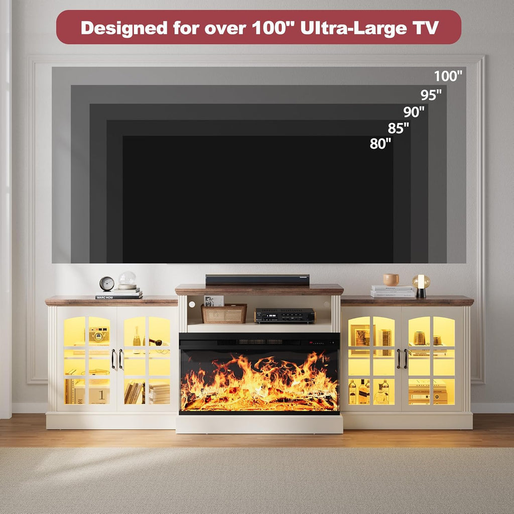 97" Fireplace TV Stand with 36" Electric Fireplace, Farmhouse Entertainment Center for TVs up to 100", Media Console Table with Large Storage Cabinets, for Living Room, White