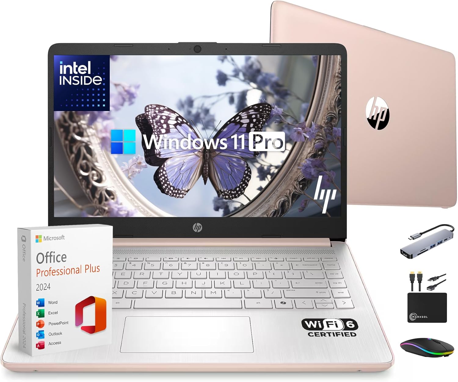 HP 14" Laptop Thin and Light for 2026 Student Business with Office Suite  Copilot AI  Intel CPU Up to 2.8GHz  16GB RAM  628GB Storage (128GB SSD+500GB Ext)  WiFi 6  Win 11 Pro  MarxsolAddon  Rosegold